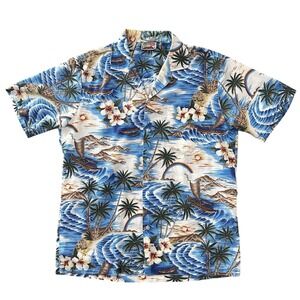 Vintage Evergreen Island Aloha Shirt M Ocean Blue Boats Hibiscus USA Made Cotton